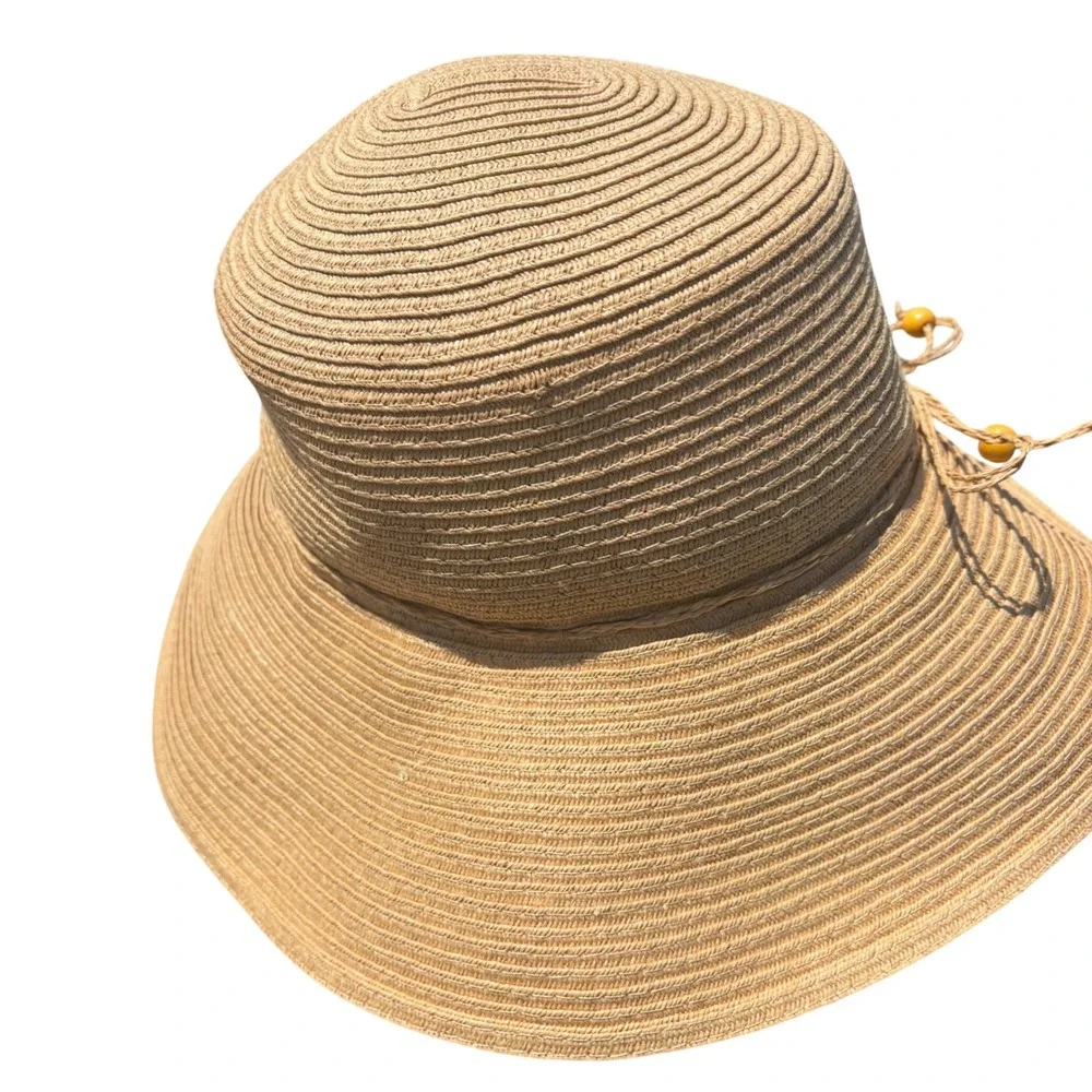 August‎ Hat Co Tan Straw Sun Hat Wide Brim Beaded Cord Summer Beach One Size